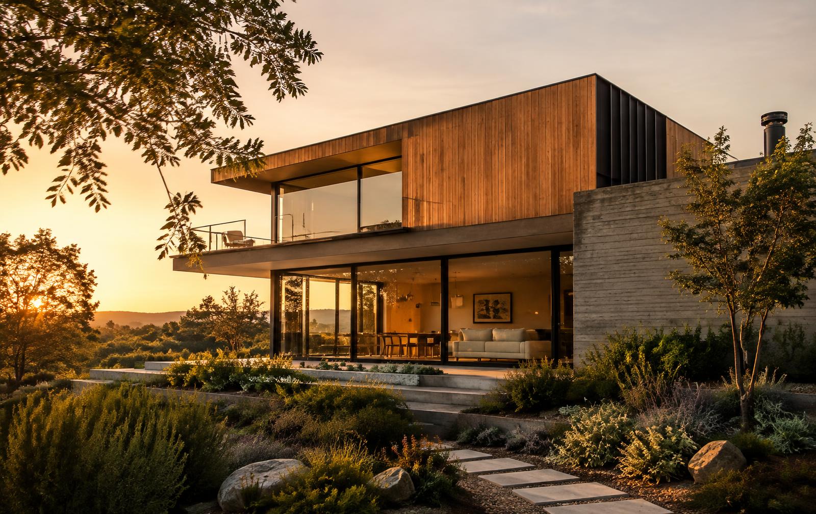 The finished house at golden hour